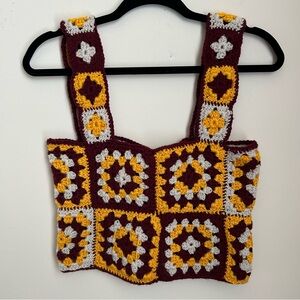 Handmade Maroon Yellow & Gray Crochet Granny Square Pattern Tank Top